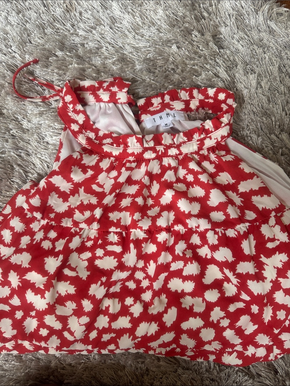 THML Red and White Halter Floral-Print Midi Dress